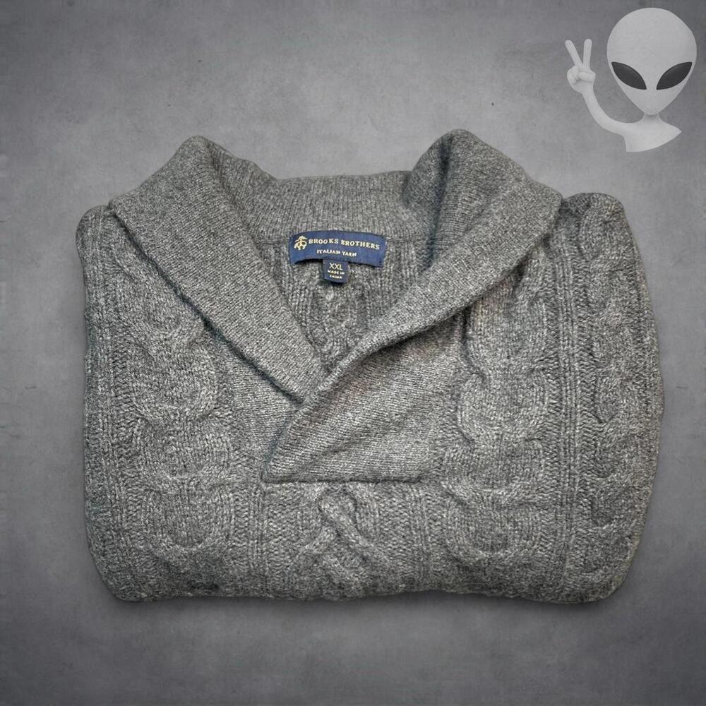 Brooks Brothers XXL Gray Merino Wool Cable Knit Shawl Neck Sweater Vintage 90s - Picture 6 of 6